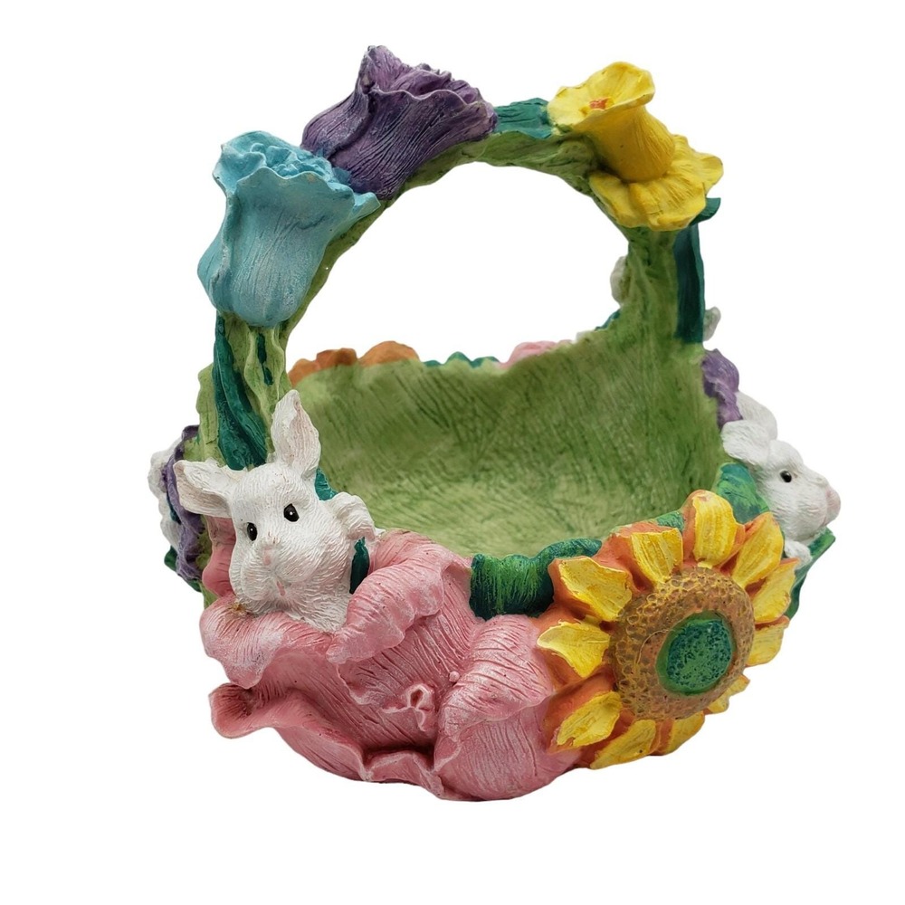 Vintage Resin Easter Bunny Basket with Flowers Sunflowers GREAT Details Colorful - Picture 6 of 9